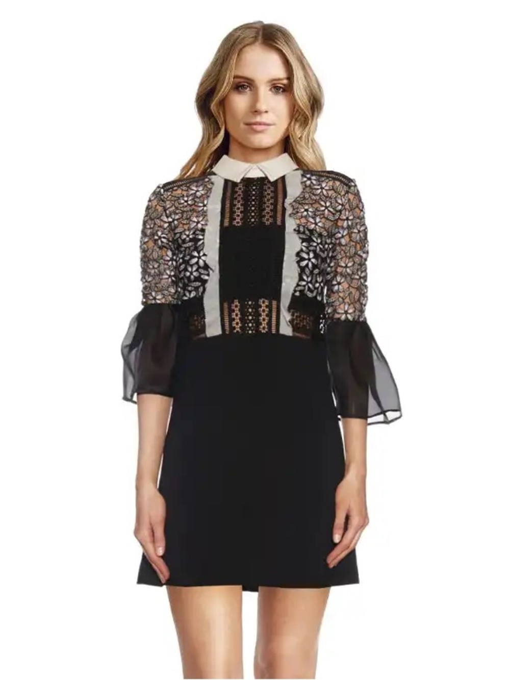 Self-Portrait Black & White Cotton Silk Lace Bell Sleeve Mini Dress - US 2 (XS)